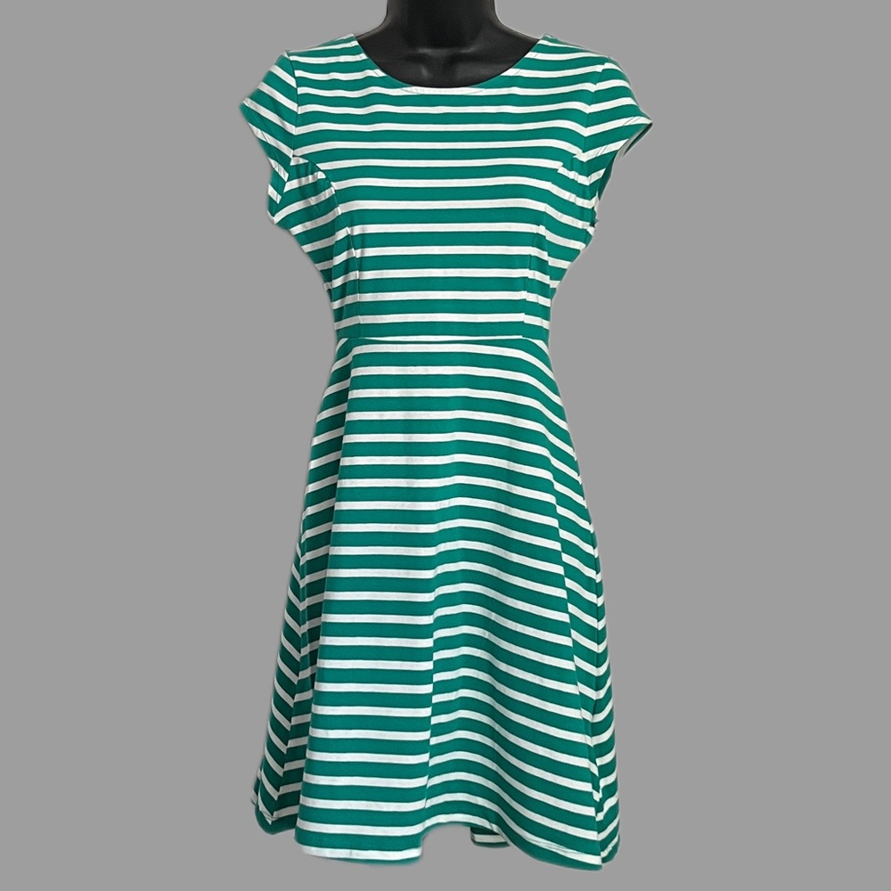Green & White Striped Short Sleeve Mini Dress
